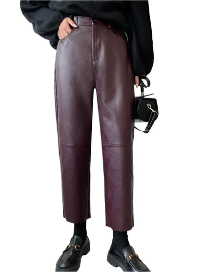 Women Wide Leg High Waist Leather Pants | Casual Loose Ankle Length Trousers Cherry Red
