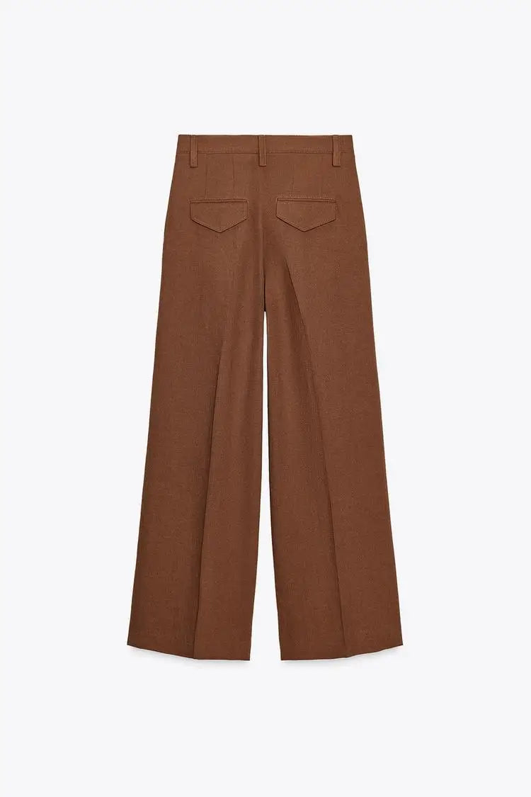 Women Brown Casual Pleated Pants | V Neck Vest Top | Set