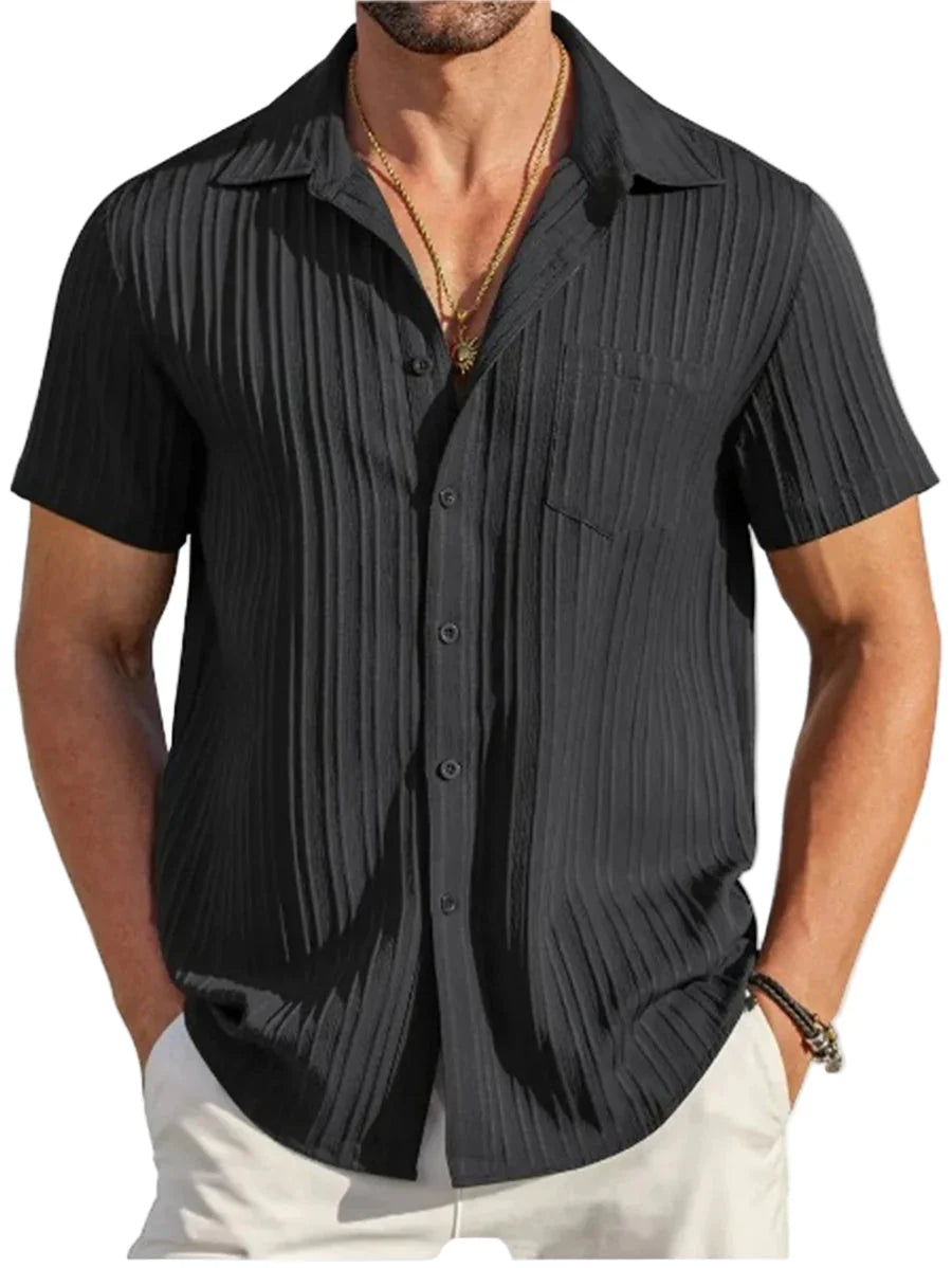 Men Short-Sleeved Cotton Summer Shirt | Casual Beach Button Down Shirt | Solid Color black