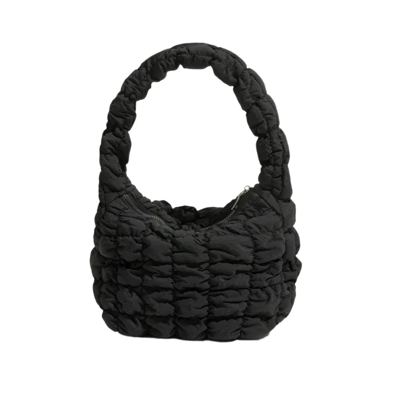 Women Small Puffer Bag | Fluffy Quilted Padding Handbag Black 1
