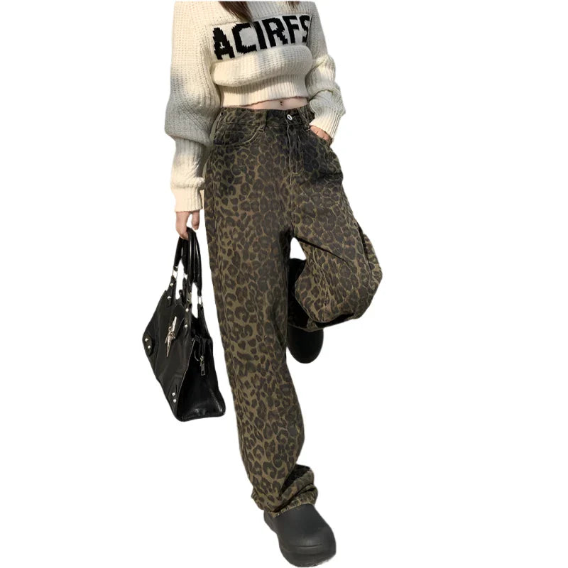 Women Leopard Jeans | Cheetah Jeans | High Waisted Baggy Wide Leg Denim Pants | Cheetah Pants Leopard