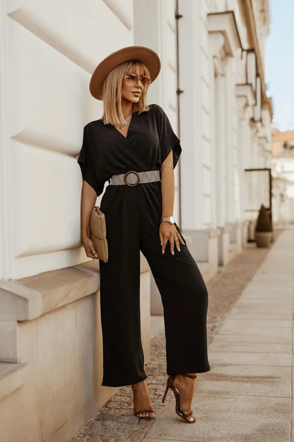 Mila | Women's Wide Leg Jumpsuit V-Neck Short Sleeve Belted