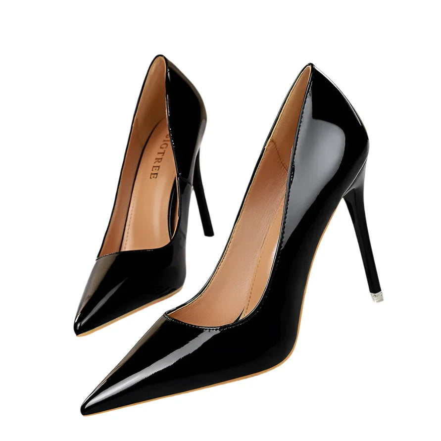 Women High Heel Pumps | Scarpins Metallic Leather Stiletto Black