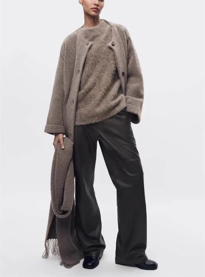 Women Winter Loose Knitted Coat with Scarf | Straight Cut | Long Sleeves | Warm Cardigan