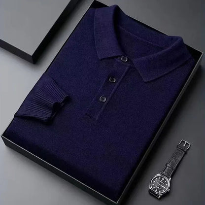 Men Pure Wool Sweater | Polo Knitted Pullover | Warm Navy Blue