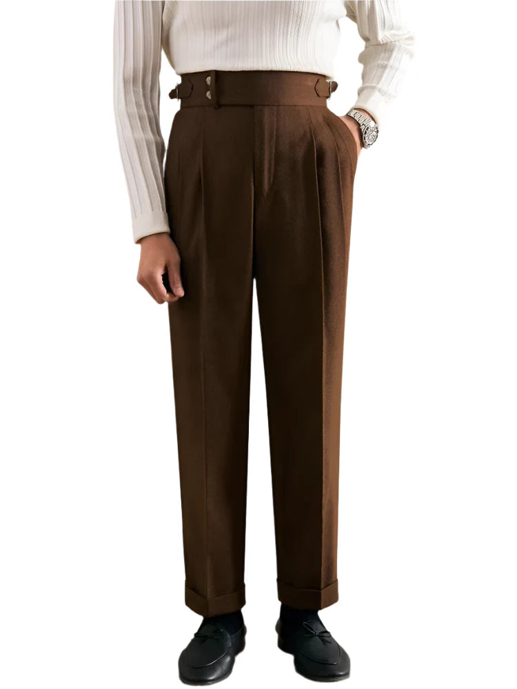 Men Naples Style Trousers | Vintage Belt Buttoned Suit Trousers | Casual Pants Brown