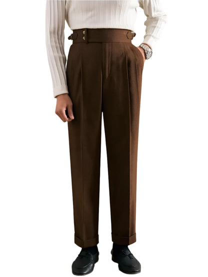 Men Naples Style Trousers | Vintage Belt Buttoned Suit Trousers | Casual Pants Brown