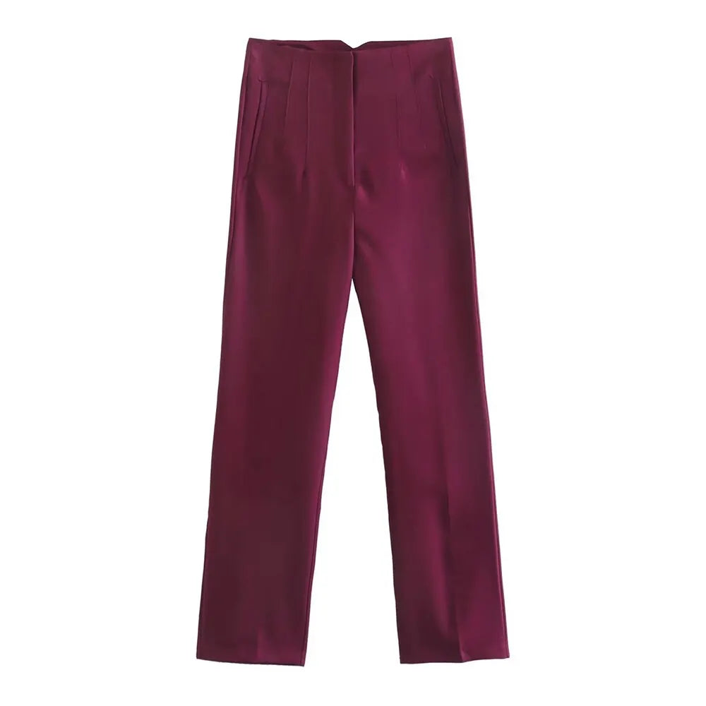 Women High Waisted Cropped Pants | Casual Office Pants Wine Red