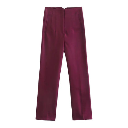 Women High Waisted Cropped Pants | Casual Office Pants Wine Red