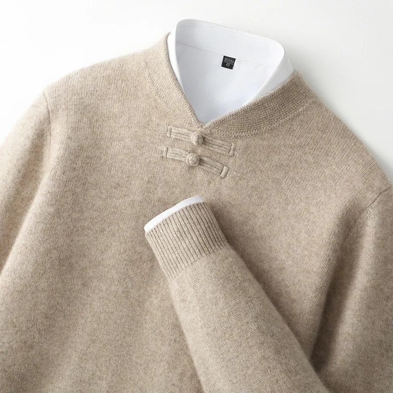 Men Pure Merino Wool Sweater | Long Sleeves | Stand-Up Collar | Pullover | Warm | Mock Neck Sweater Light Camel