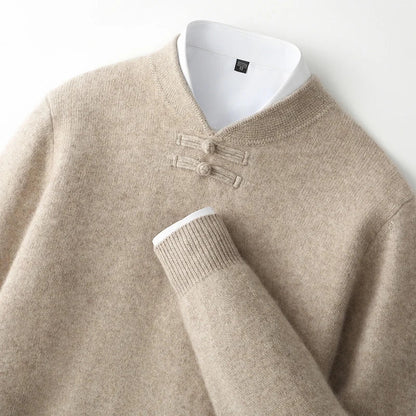 Men Pure Merino Wool Sweater | Long Sleeves | Stand-Up Collar | Pullover | Warm | Mock Neck Sweater Light Camel