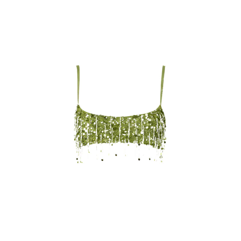 Women Summer Tassel Top With Mini Skirt Set | Sequin Crop Top | Backless | Beach Holiday green Top
