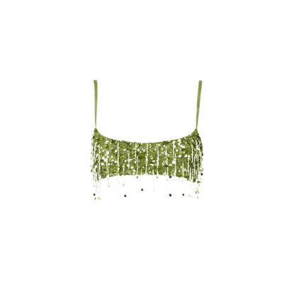 Women Summer Tassel Top With Mini Skirt Set | Sequin Crop Top | Backless | Beach Holiday green Top