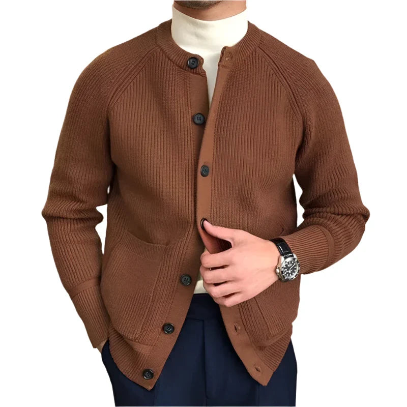 Men Wool Buttoned Crew Neck Sweater | Long Sleeve Casual Knitted Cardigan Caramel