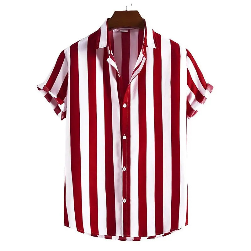 Men Striped Short-Sleeved Button Down Shirt | Casual Loose Lapel Top Red