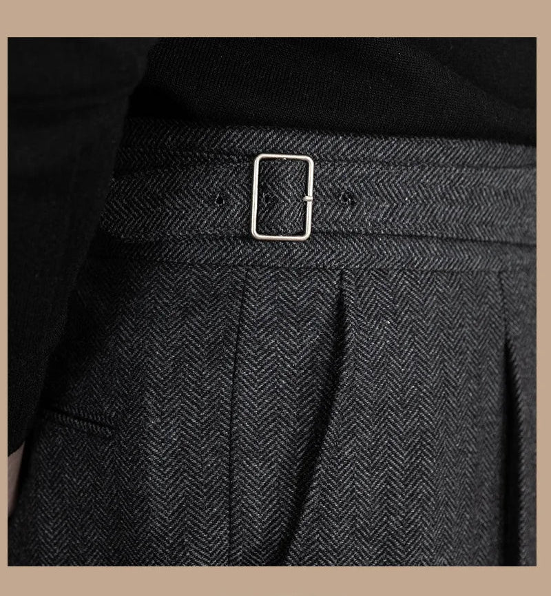 Men Vintage Wool Herringbone Pattern Pants | Casual | British | Warm | High Waist | Straight Pants