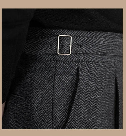 Men Vintage Wool Herringbone Pattern Pants | Casual | British | Warm | High Waist | Straight Pants