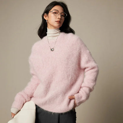 Women Alpaca Sweater | O-Neck | Loose | Knitted Pullover | Winter Sweater Pink One Size