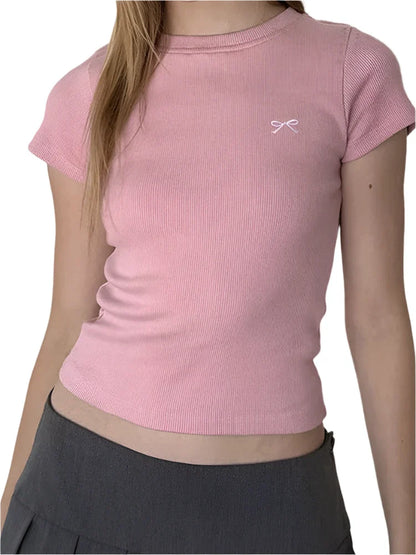 Women Summer Crop Top | Short Sleeve Bow Embroidery Ribbed T-Shirt Light Pink