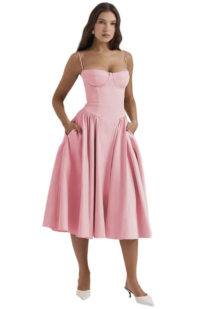 Women Pleated Sling Summer Dress Pink