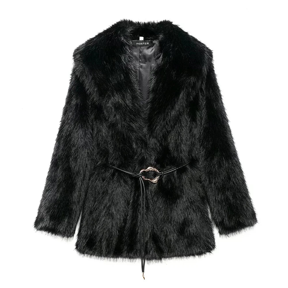 Women Fur Coat with Belt | Medium Long Coat | Long Sleeve | Loose Coat black