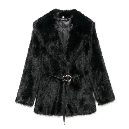 Women Fur Coat with Belt | Medium Long Coat | Long Sleeve | Loose Coat black