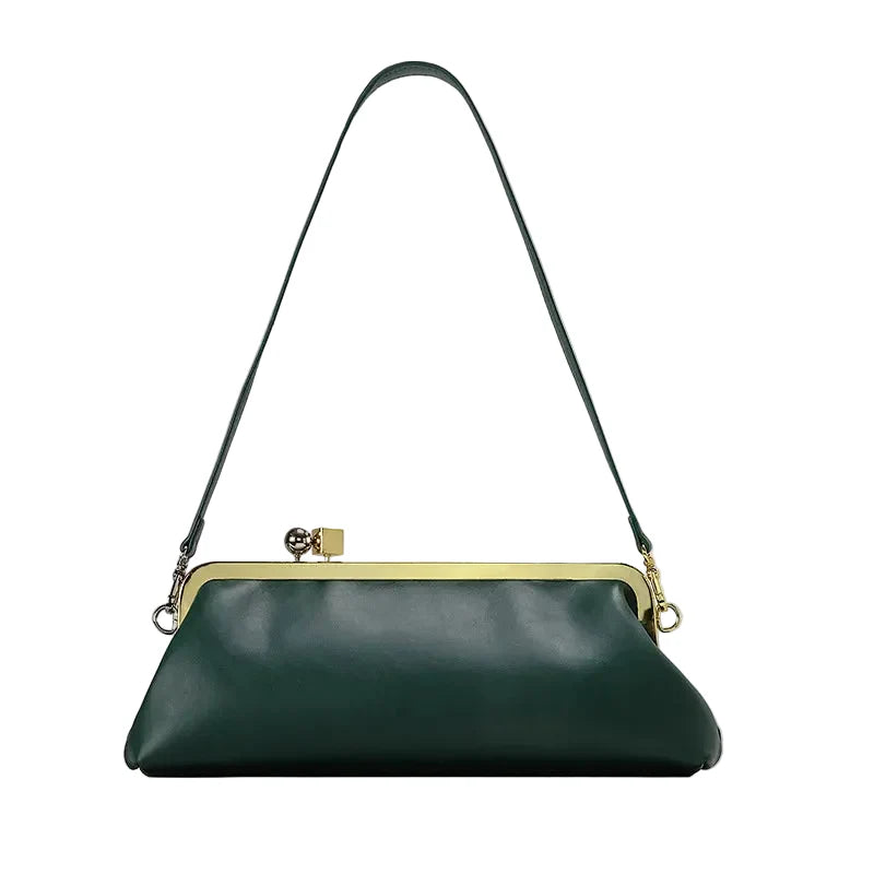Women Leather Kiss Lock Bag | Long Clutch Bag | Luxury Shoulder Bag | Elegant Party Purse | Underarm Bag Green