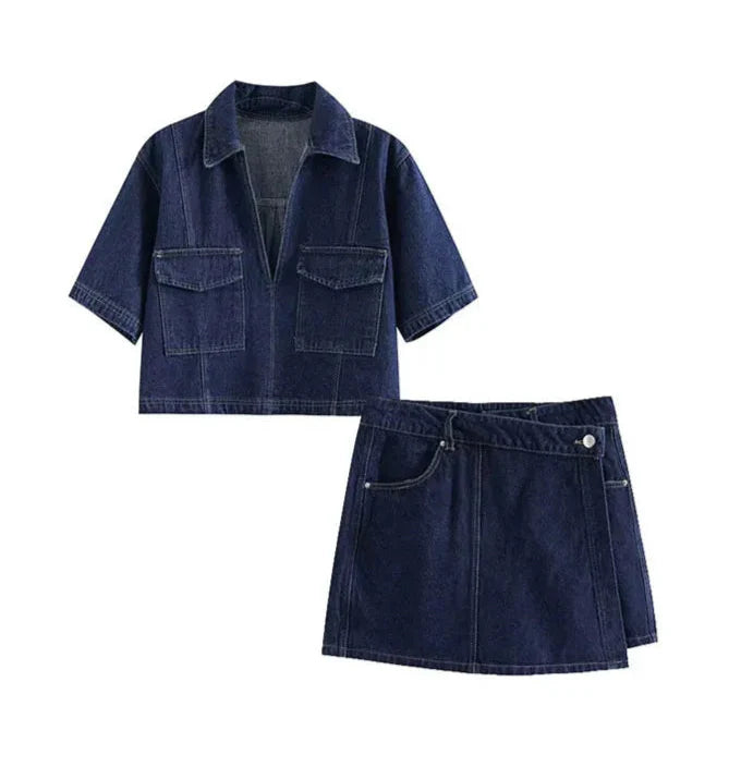 Women Denim Co-Ord Set | Slim Fit Denim Top & Denim Skirt 2 Piece Set Top + Skirt
