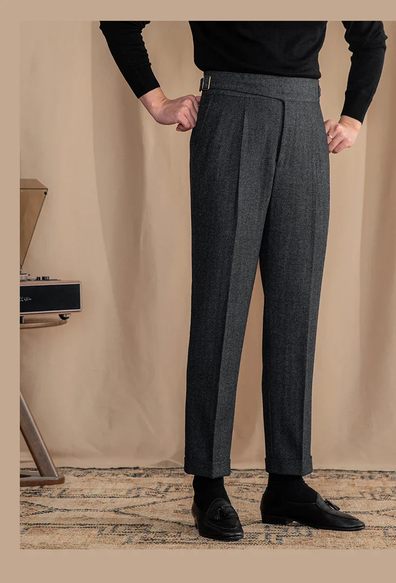 Men Vintage Wool Herringbone Pattern Pants | Casual | British | Warm | High Waist | Straight Pants