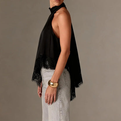Women Asymmetrical Lace Satin Top | Silk Vest | Draped Choker | Halter Neck | Cami
