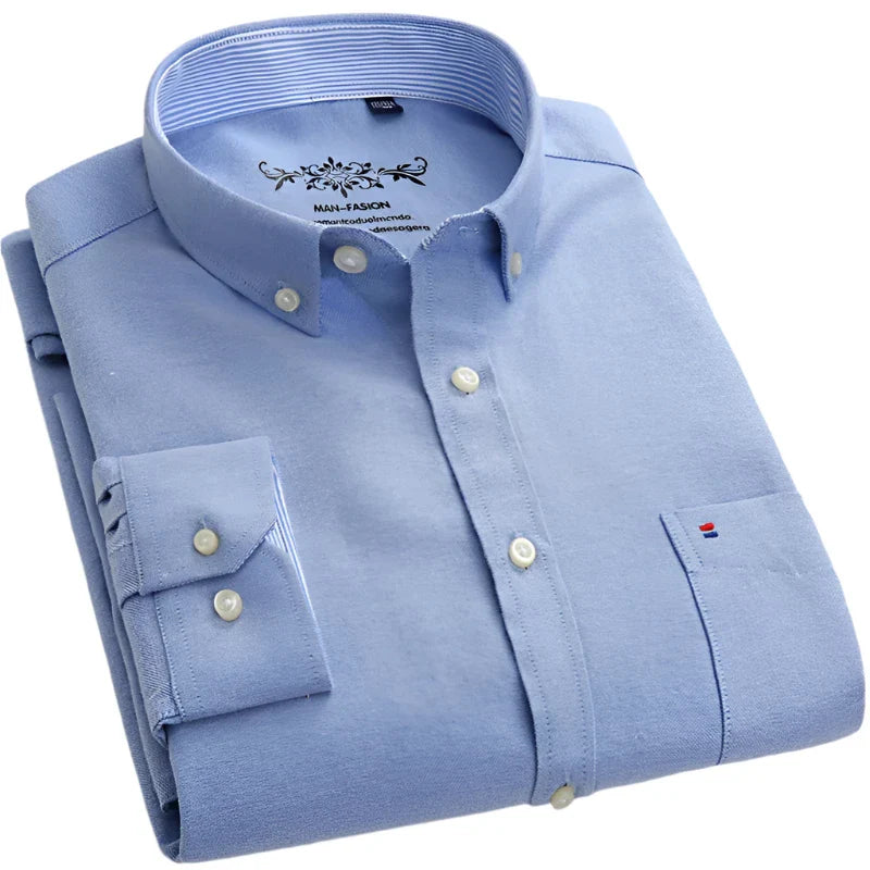 Plain Oxford Long-Sleeve Shirt Men | Office Shirt | Slim Fit Single Pocket Shirt Blue