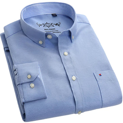 Plain Oxford Long-Sleeve Shirt Men | Office Shirt | Slim Fit Single Pocket Shirt Blue