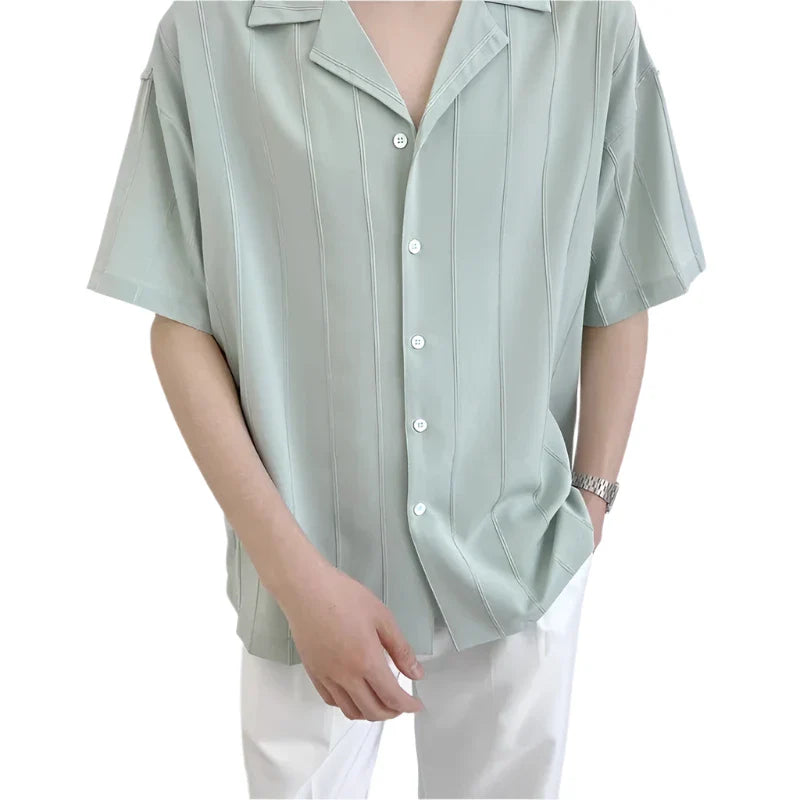 Men Plain Striped Button Down Shirt | Short Sleeves Green