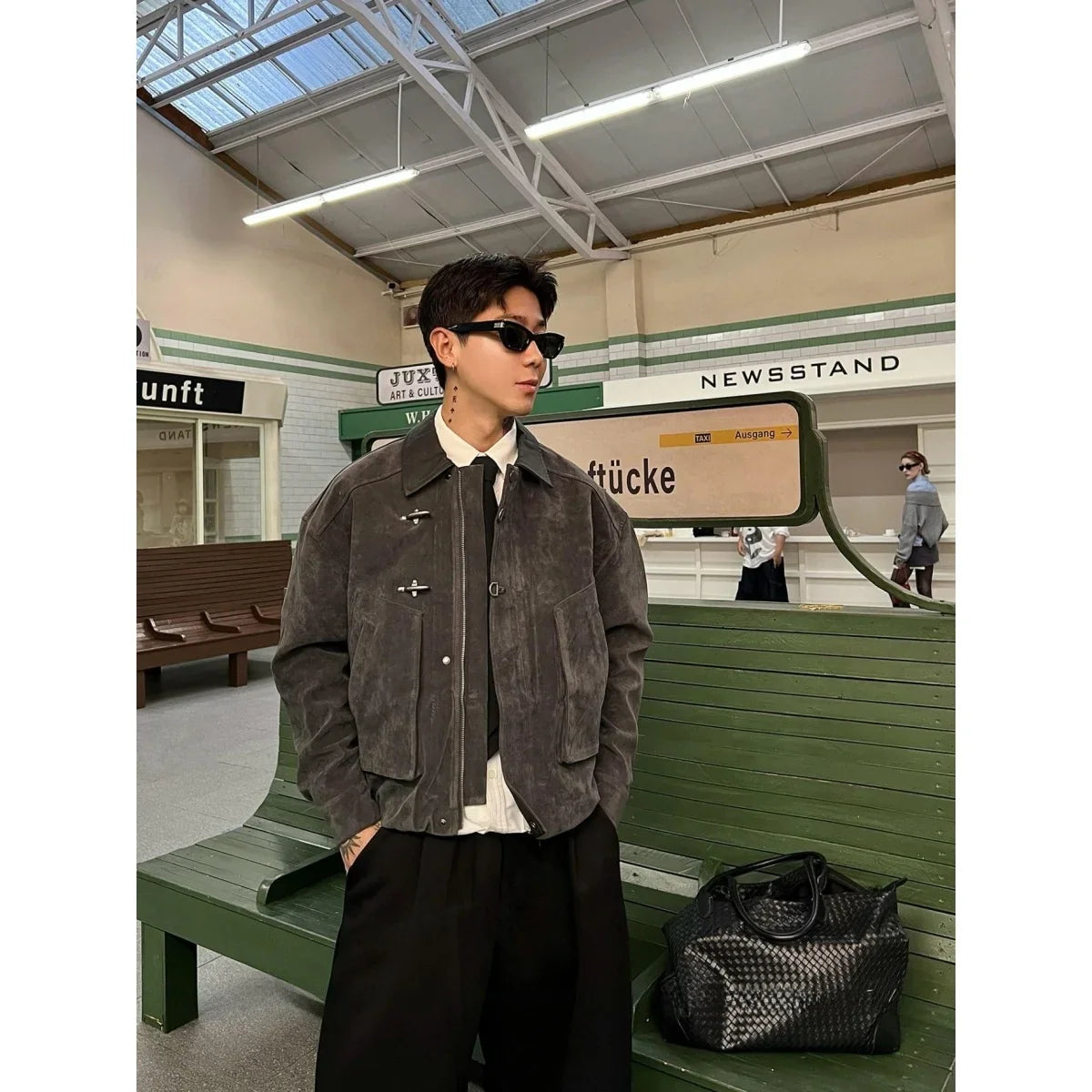 Men Suede Jacket | Loose Collar | Airplane Buckle Dark Gray