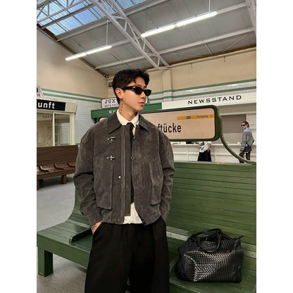 Men Suede Jacket | Loose Collar | Airplane Buckle Dark Gray