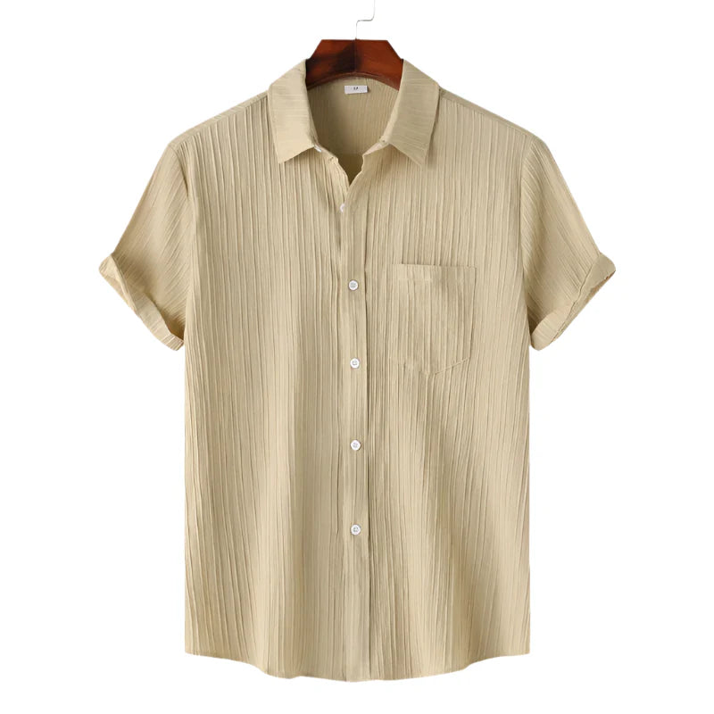 Men Cotton Linen Summer Shirt | Short Sleeve Button Down | Beach Shirt | Casual Breathable Holiday Hawaiian Shirt Khaki
