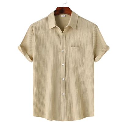 Men Cotton Linen Summer Shirt | Short Sleeve Button Down | Beach Shirt | Casual Breathable Holiday Hawaiian Shirt Khaki