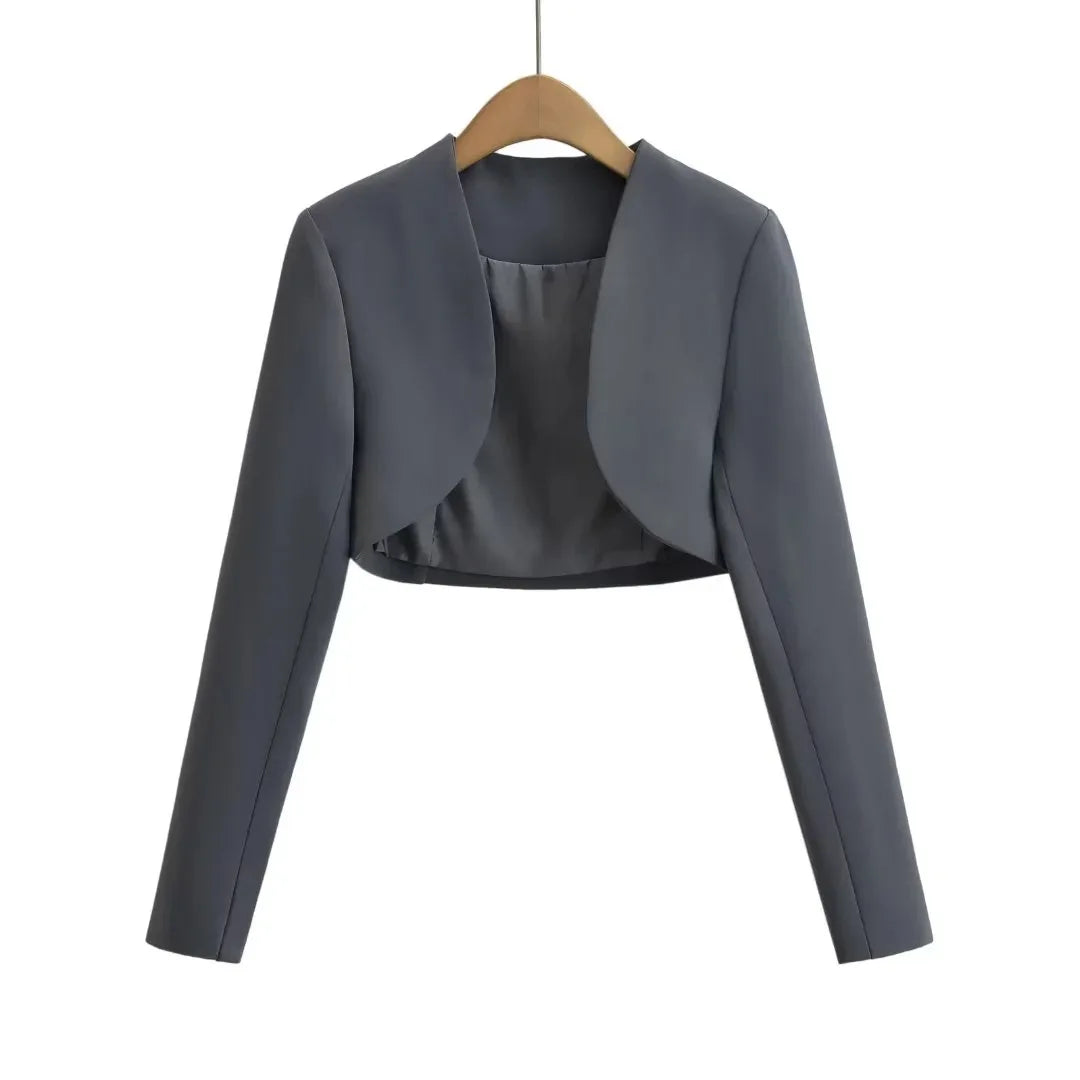 Women V-Neck Open Stitching Cropped Full Sleeve Blazer | Short Outerwear Suit Dark Grey