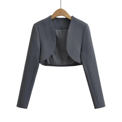 Women V-Neck Open Stitching Cropped Full Sleeve Blazer | Short Outerwear Suit Dark Grey