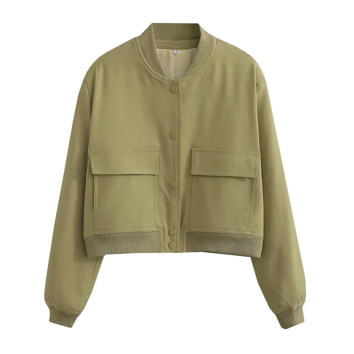 Women Solid Bomber Jacket Army Green