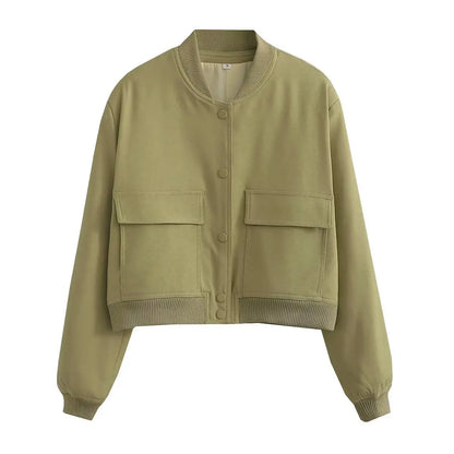 Women Solid Bomber Jacket Army Green