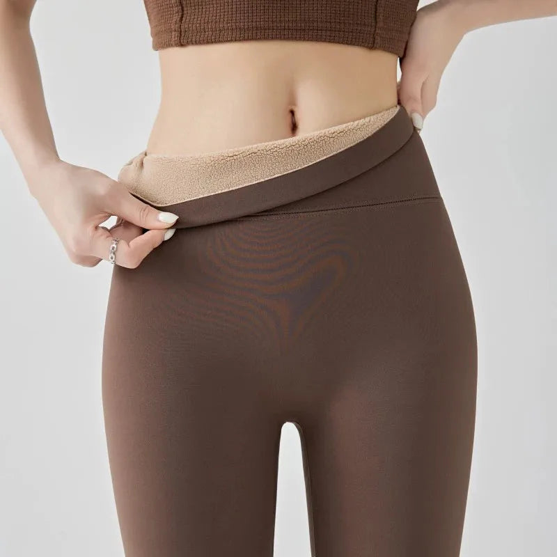 Women Thick Fleece Leggings | Winter | Elastic Tight | Warm Shark Pants | High Waist | Slimming Yoga Leggings Brown