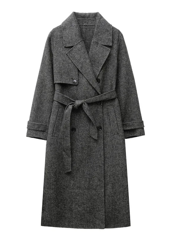 Women Wool Coat With Belt | Double Breasted | Woolen Coat | Trench Coat Dark Gray