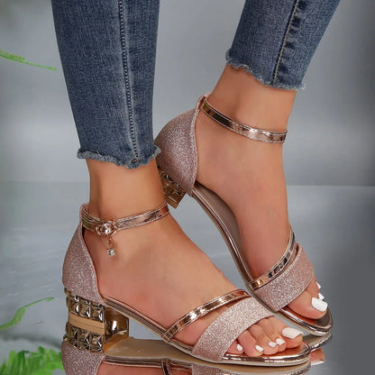 Stella | Women's Block Heel Ankle Strap Sandals with Gold Detail