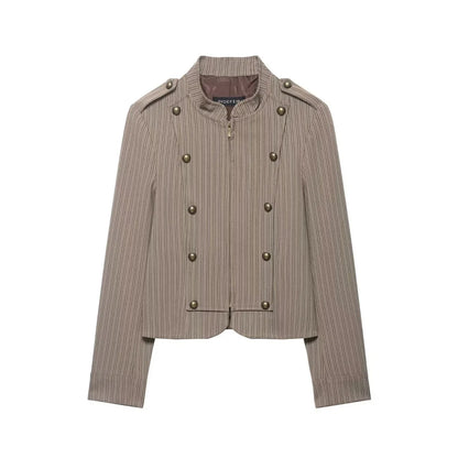 Women Short Coat | Spring | Striped Short Blazer | Long Sleeves | Napoleon Jacket