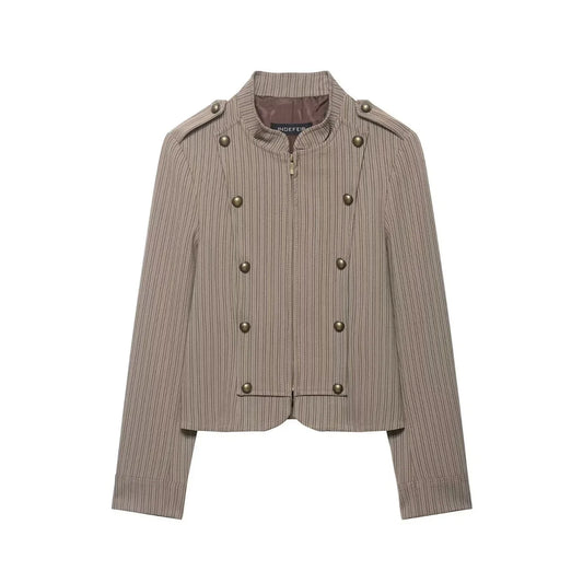Women Short Coat | Spring | Striped Short Blazer | Long Sleeves | Napoleon Jacket