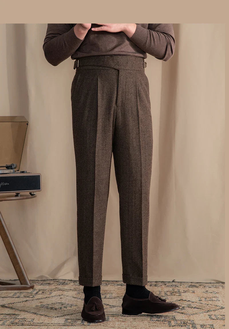 Men Vintage Wool Herringbone Pattern Pants | Casual | British | Warm | High Waist | Straight Pants
