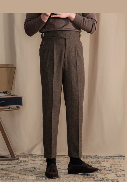 Men Vintage Wool Herringbone Pattern Pants | Casual | British | Warm | High Waist | Straight Pants