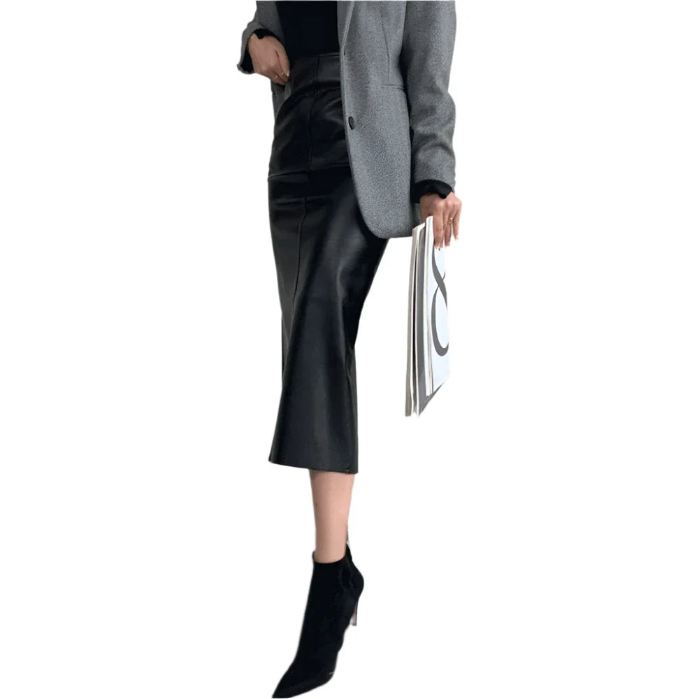 Women Leather Midi Skirt | Classic High Waisted Office Skirt | Party Bodycon Wrap Black