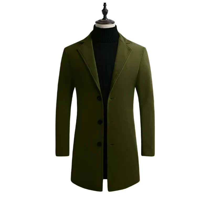 Men Winter Mid Length Wool Blend Coat Dark Green